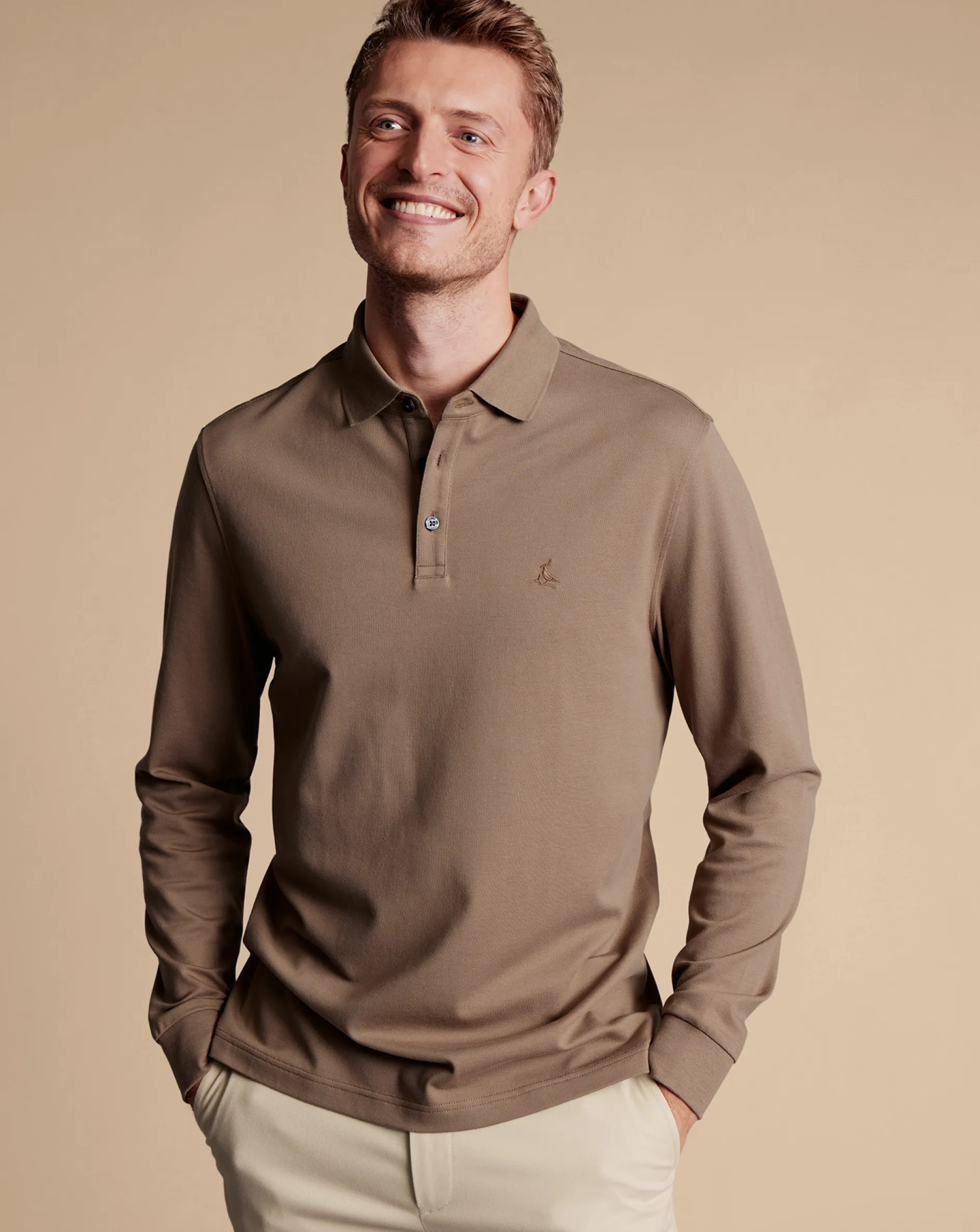 New Charles Tyrwhitt Tyrwhitt Long Sleeve Pique Polo Camel