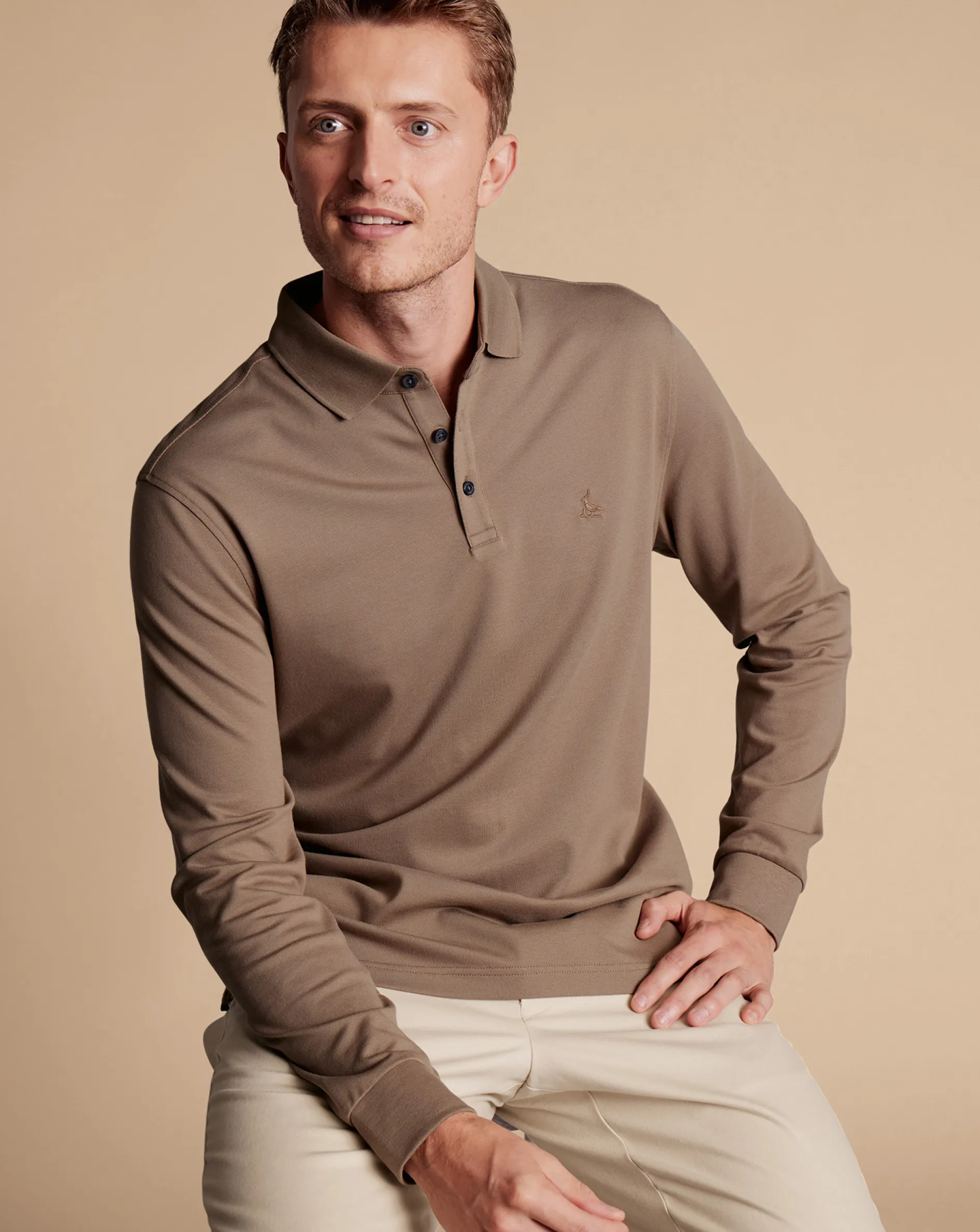 New Charles Tyrwhitt Tyrwhitt Long Sleeve Pique Polo Camel