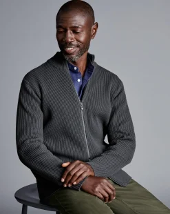 Best Charles Tyrwhitt Chunky Zip Funnel Neck Cardigan - Grey Slate