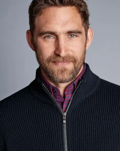 Clearance Charles Tyrwhitt Chunky Zip Funnel Neck Cardigan - Navy