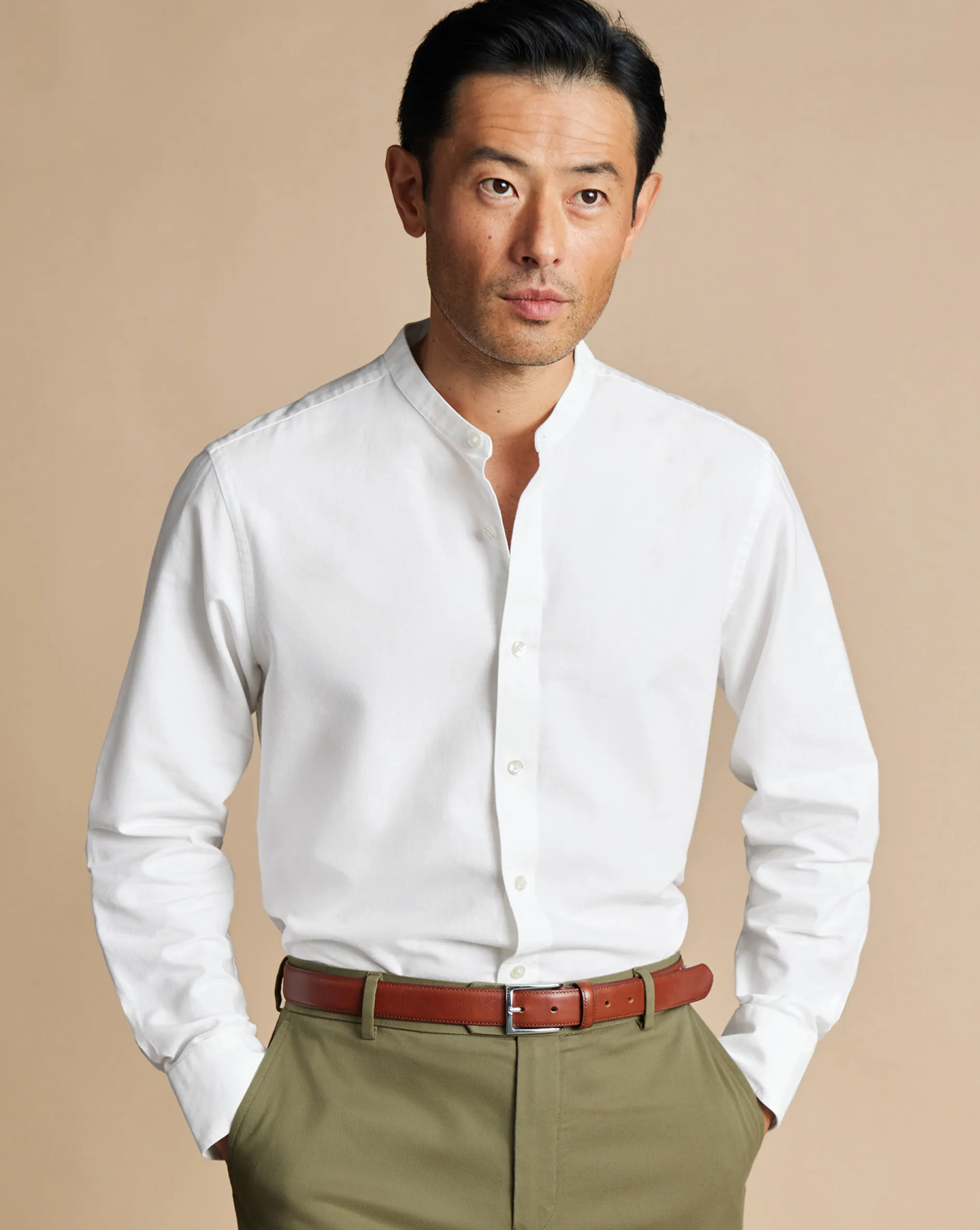 Best Sale Charles Tyrwhitt Collarless Cotton Linen Shirt - White