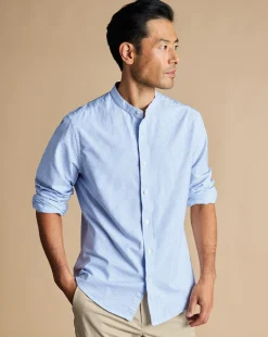 Cheap Charles Tyrwhitt Collarless Stretch Washed Oxford Stripe Shirt - Ocean Blue