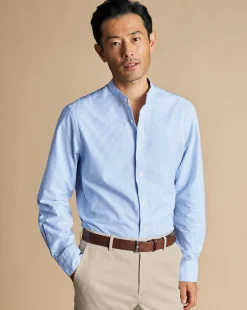 Cheap Charles Tyrwhitt Collarless Stretch Washed Oxford Stripe Shirt - Ocean Blue
