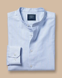 Cheap Charles Tyrwhitt Collarless Stretch Washed Oxford Stripe Shirt - Ocean Blue