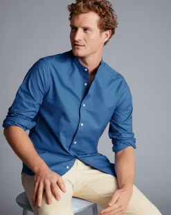 Discount Charles Tyrwhitt Collarless Washed Oxford Shirt - Ocean Blue