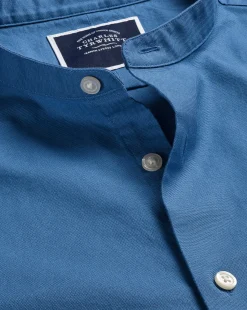 Discount Charles Tyrwhitt Collarless Washed Oxford Shirt - Ocean Blue