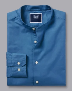 Discount Charles Tyrwhitt Collarless Washed Oxford Shirt - Ocean Blue