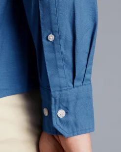 Discount Charles Tyrwhitt Collarless Washed Oxford Shirt - Ocean Blue