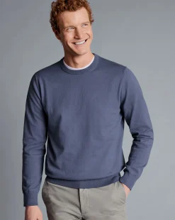 Sale Charles Tyrwhitt Combed Cotton Crew Neck Sweater - Dark Heather Blue