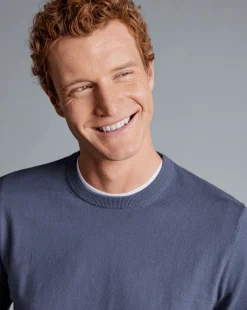 Sale Charles Tyrwhitt Combed Cotton Crew Neck Sweater - Dark Heather Blue