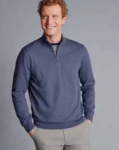 Hot Charles Tyrwhitt Combed Cotton Quarter Zip Sweater - Heather Blue