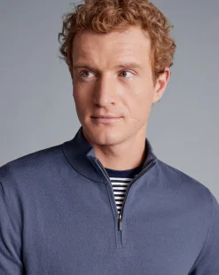 Hot Charles Tyrwhitt Combed Cotton Quarter Zip Sweater - Heather Blue