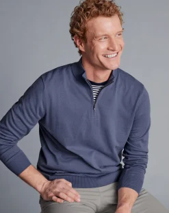 Hot Charles Tyrwhitt Combed Cotton Quarter Zip Sweater - Heather Blue