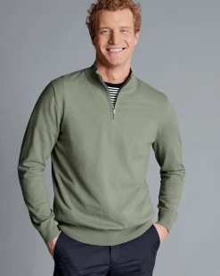 Best Charles Tyrwhitt Combed Cotton Quarter Zip Sweater - Sage Green