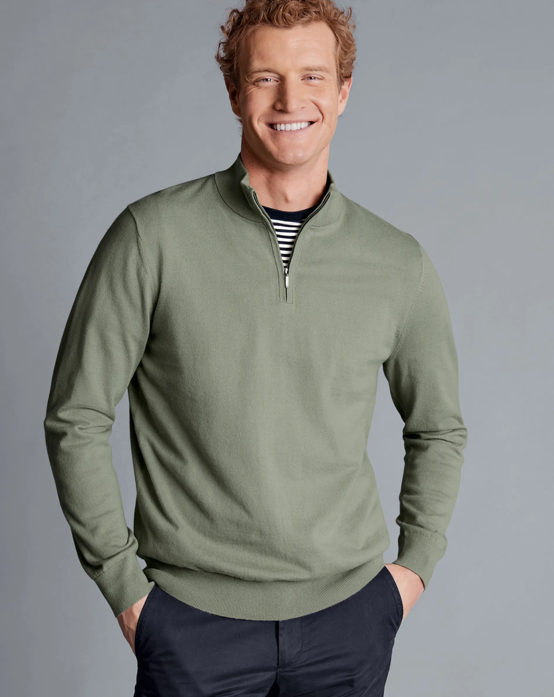 Best Charles Tyrwhitt Combed Cotton Quarter Zip Sweater - Sage Green