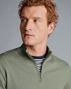 Best Charles Tyrwhitt Combed Cotton Quarter Zip Sweater - Sage Green
