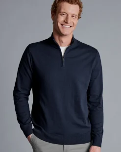 Discount Charles Tyrwhitt Combed Cotton Quarter Zip Sweater - Dark Navy