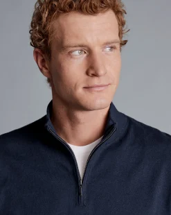 Discount Charles Tyrwhitt Combed Cotton Quarter Zip Sweater - Dark Navy