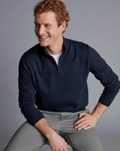 Discount Charles Tyrwhitt Combed Cotton Quarter Zip Sweater - Dark Navy