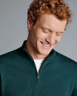 Hot Charles Tyrwhitt Combed Cotton Quarter Zip Sweater - Green Teal