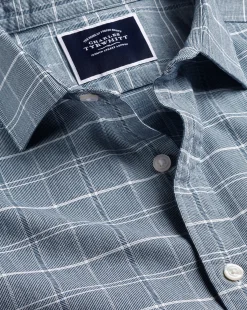 Best Sale Charles Tyrwhitt Cotton Linen Check Short Sleeve Shirt - Petrol Blue