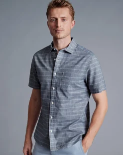 Best Sale Charles Tyrwhitt Cotton Linen Check Short Sleeve Shirt - Petrol Blue
