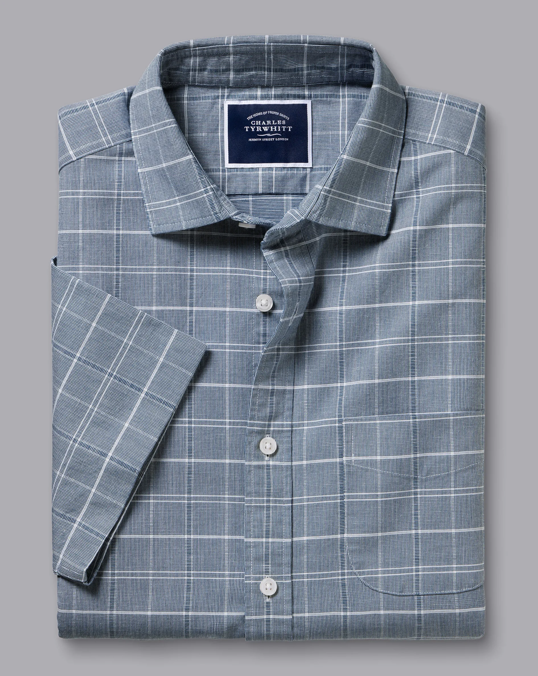 Best Sale Charles Tyrwhitt Cotton Linen Check Short Sleeve Shirt - Petrol Blue
