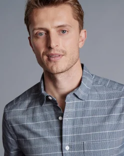 Best Sale Charles Tyrwhitt Cotton Linen Check Short Sleeve Shirt - Petrol Blue