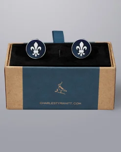 Flash Sale Charles Tyrwhitt Enamel Fleur-de-Lys Round Cufflinks - Navy