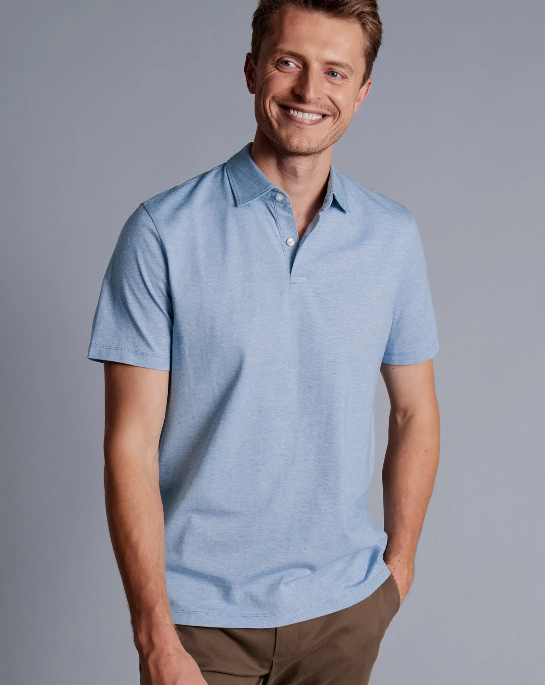 Clearance Charles Tyrwhitt End-On-End Cotton Polo - Light Blue