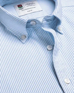 Clearance Charles Tyrwhitt England Rugby Button-Down Collar Washed Oxford Stripe Shirt - Blue & White Blue and White