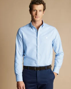 Clearance Charles Tyrwhitt England Rugby Button-Down Collar Washed Oxford Stripe Shirt - Blue & White Blue and White