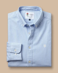 Clearance Charles Tyrwhitt England Rugby Button-Down Collar Washed Oxford Stripe Shirt - Blue & White Blue and White