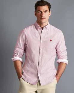 Cheap Charles Tyrwhitt England Rugby Button-Down Collar Washed Oxford Stripe Shirt - Wine Red