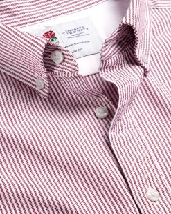 Cheap Charles Tyrwhitt England Rugby Button-Down Collar Washed Oxford Stripe Shirt - Wine Red