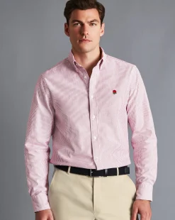Cheap Charles Tyrwhitt England Rugby Button-Down Collar Washed Oxford Stripe Shirt - Wine Red
