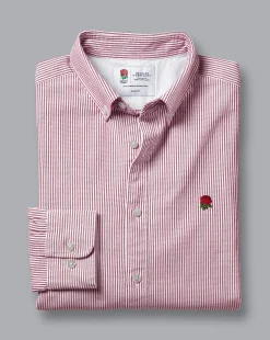 Cheap Charles Tyrwhitt England Rugby Button-Down Collar Washed Oxford Stripe Shirt - Wine Red