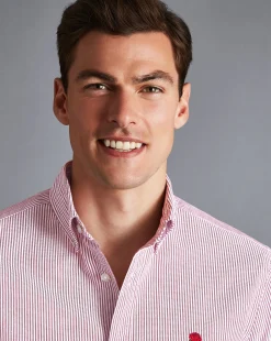 Cheap Charles Tyrwhitt England Rugby Button-Down Collar Washed Oxford Stripe Shirt - Wine Red