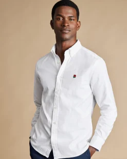 Sale Charles Tyrwhitt England Rugby Button-Down Collar Washed Oxford Shirt with Red Rose - White