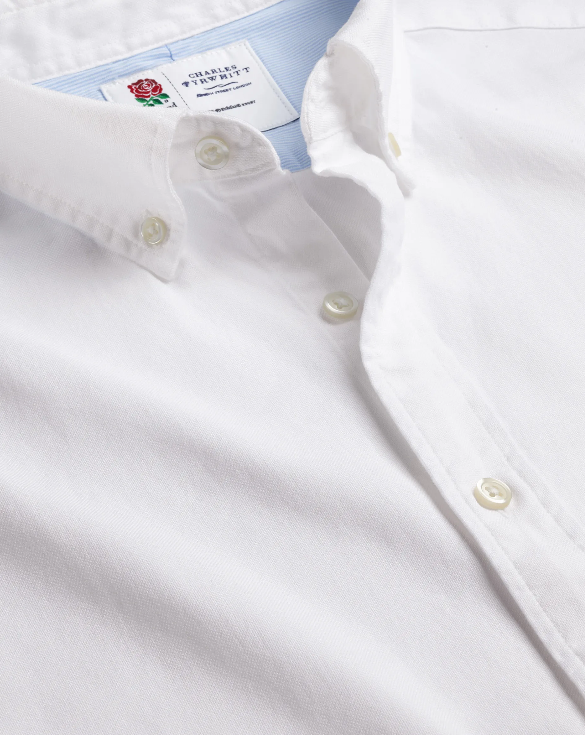 Sale Charles Tyrwhitt England Rugby Button-Down Collar Washed Oxford Shirt with Red Rose - White