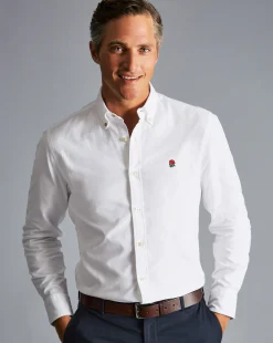 Sale Charles Tyrwhitt England Rugby Button-Down Collar Washed Oxford Shirt with Red Rose - White