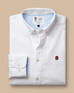 Sale Charles Tyrwhitt England Rugby Button-Down Collar Washed Oxford Shirt with Red Rose - White
