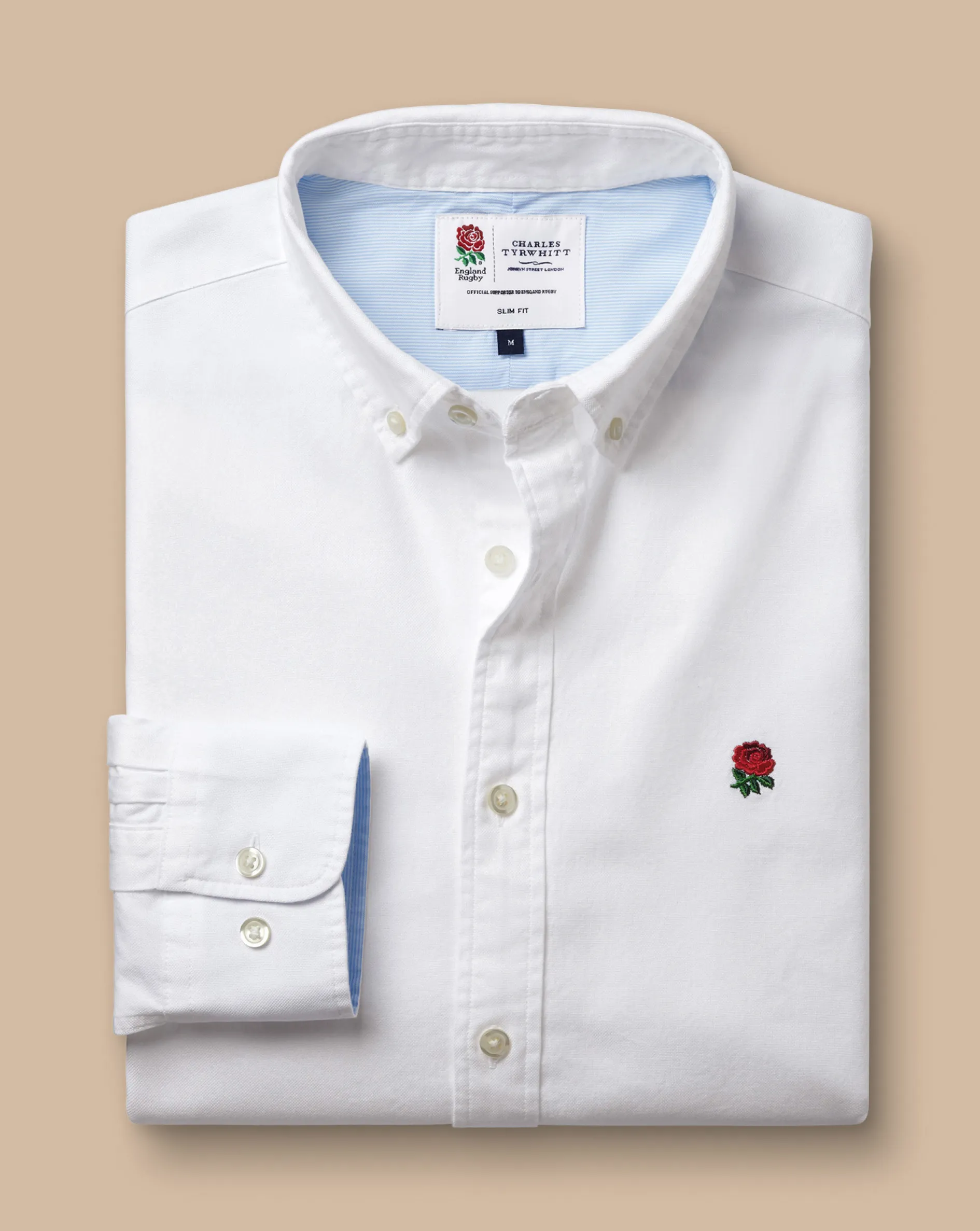 Sale Charles Tyrwhitt England Rugby Button-Down Collar Washed Oxford Shirt with Red Rose - White