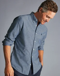 Shop Charles Tyrwhitt England Rugby Button-Down Collar Chambray Shirt - Mid Blue