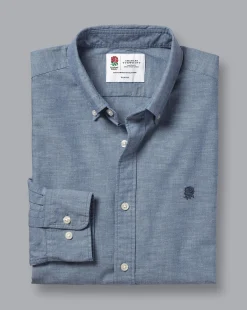 Shop Charles Tyrwhitt England Rugby Button-Down Collar Chambray Shirt - Mid Blue