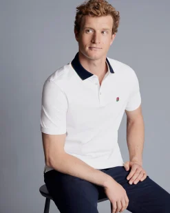 Best Sale Charles Tyrwhitt England Rugby Collar Detail Pique Polo - White