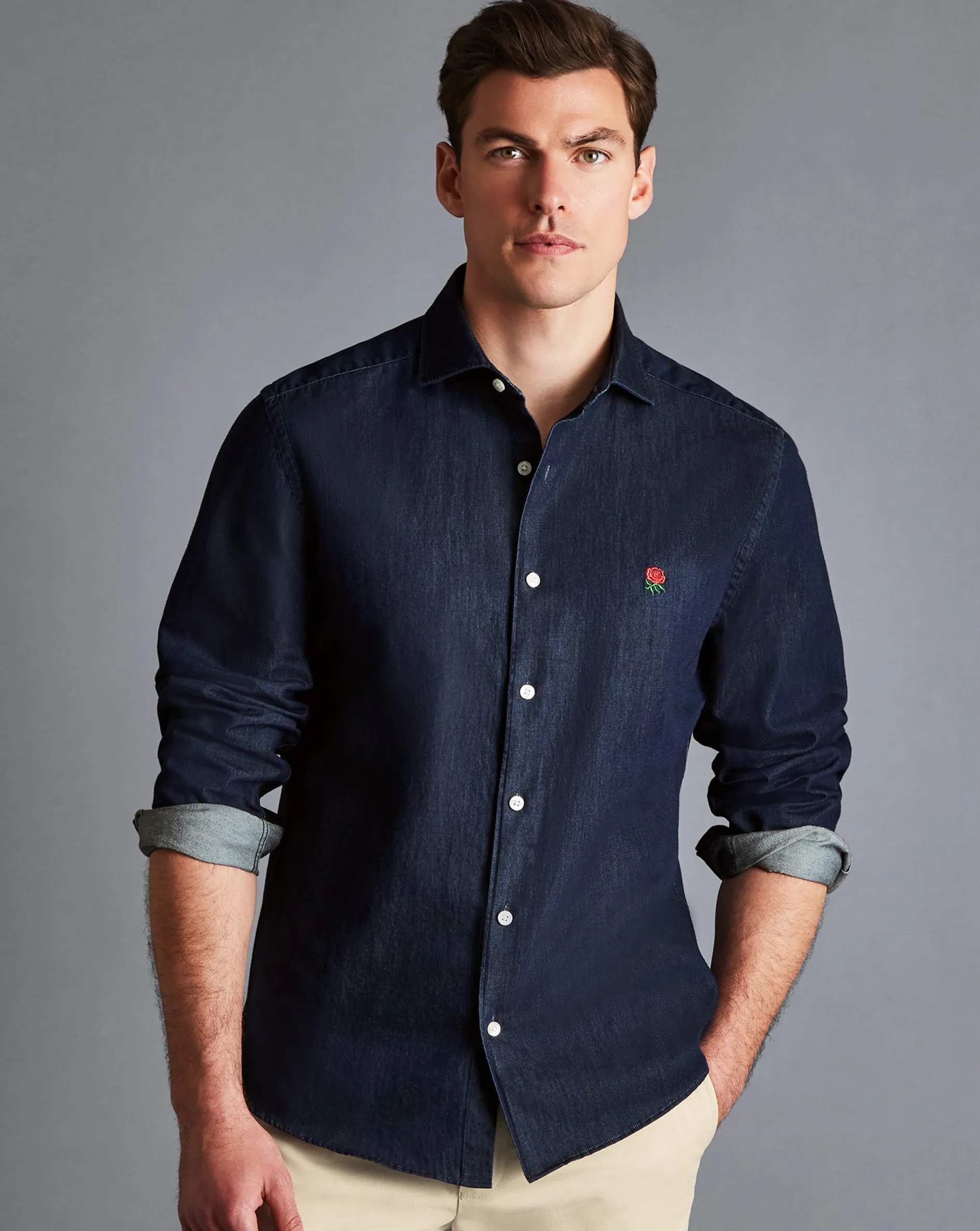 Fashion Charles Tyrwhitt England Rugby Denim Shirt - Denim Blue