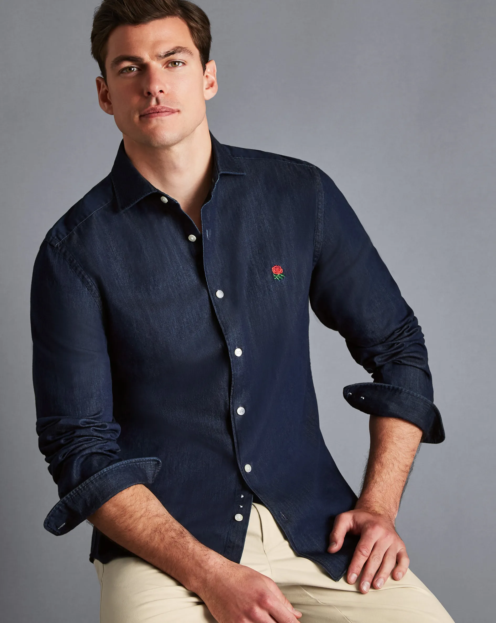 Fashion Charles Tyrwhitt England Rugby Denim Shirt - Denim Blue
