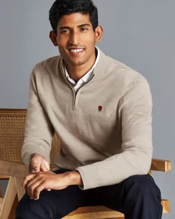 Sale Charles Tyrwhitt England Rugby Merino Quarter Zip Sweater - Limestone