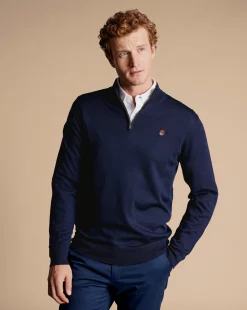 Store Charles Tyrwhitt England Rugby Red Rose Merino Quarter Zip Sweater - Navy